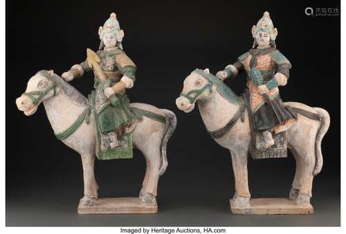 A Pair of Massive Chinese Glazed Ceramic Mounted Warriors