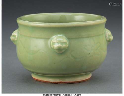 A Chinese Celadon Glazed Censer With Beast Handles 3-1/8 x 5...