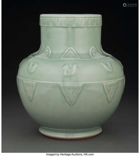 A Chinese Celadon Glazed Porcelain Vase 10-1/4 x 8-3/4 inche...