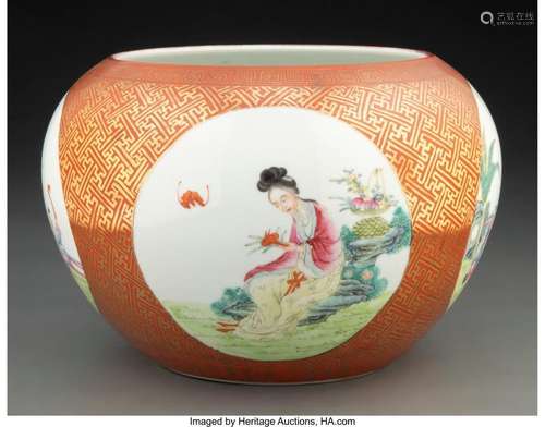 A Chinese Coral Ground Enameled Porcelain Washer Marks: four...