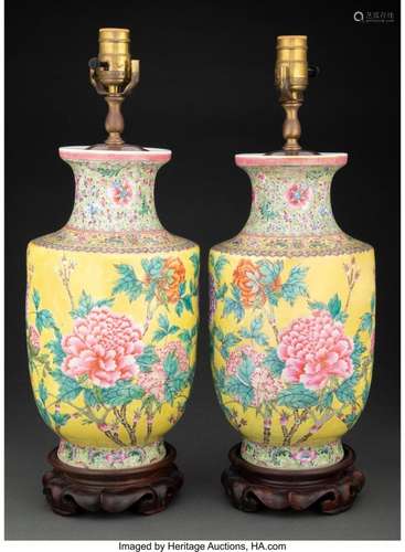 A Pair of Chinese Enameled Porcelain Vases Converted to Tabl...