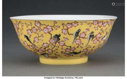 A Chinese Yellow Ground Famille Rose Bowl Marks: six-charact...