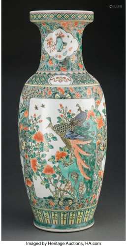 A Large Chinese Famille Verte Avian and Botanical Vase Marks...