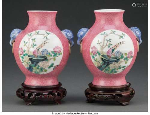 A Pair of Chinese Famille Rose Vases Marks: six-character ma...