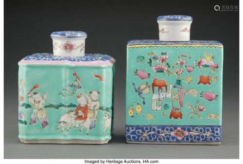 Two Chinese Famille Rose Tea Caddies Marks: four-character m...