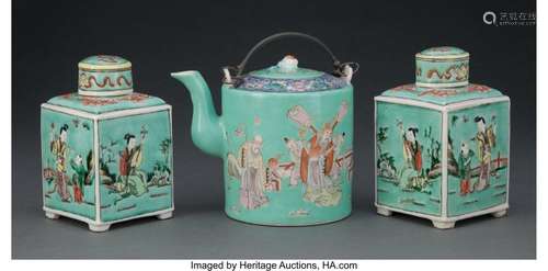 A Group of Three Chinese Turquoise Ground Porcelain Tea Arti...