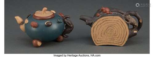 Two Chinese Yixing Teapots Marks: artist`s mark (each) 3-1/4...