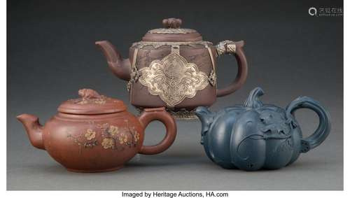 Three Chinese Yixing Teapots Marks: (various) 4-1/2 x 6-1/2 ...