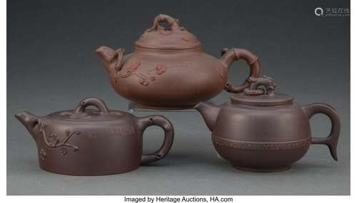 A Group of Three Chinese Yixing Teapots Marks: four-characte...