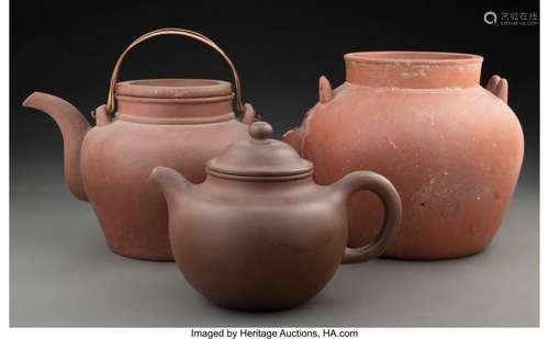 Three Chinese Yixing Teapots Marks: various 8 x 8-3/4 x 6-1/...