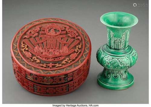 A Chinese Enameled Porcelain Gu Vase and A Chinese Carved La...