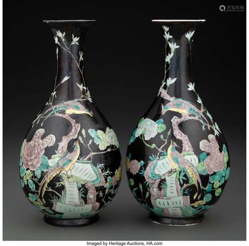 A Pair of Chinese Famille Noir Vases Marks: double circle