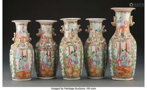 A Group of Five Chinese Export Rose Medallion Vases