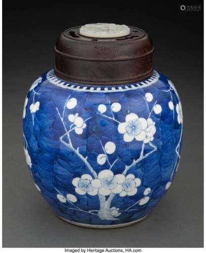 A Chinese Blue and White Jar with Carved Jade Inlaid Wood Co...