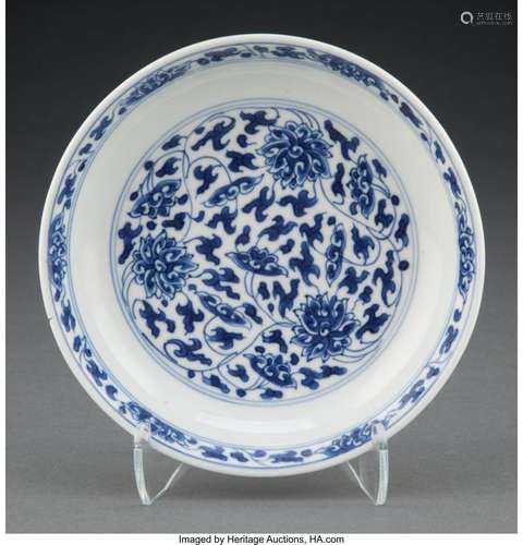 A Chinese Blue and White Lotus Dish Marks: six-character Kan...