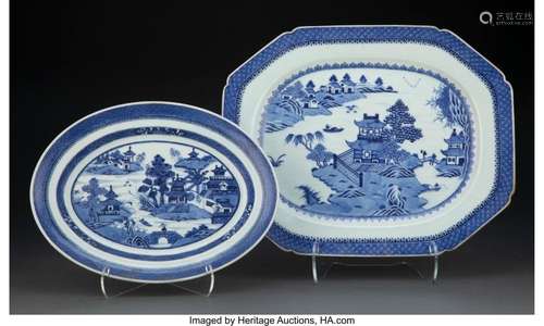 Two Chinese Export Blue and White Dishes 12-3/4 x 15-7/8 x 1...