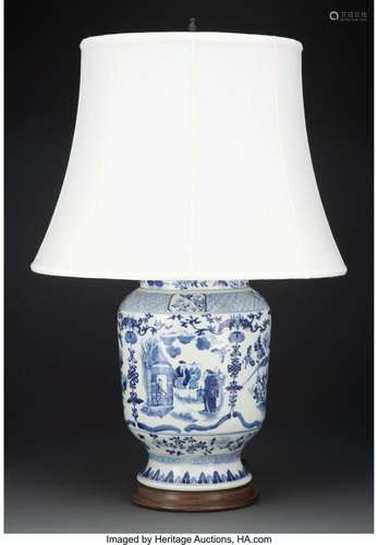 A Large Chinese Blue and White Covered Urn Mounted as a Lamp...