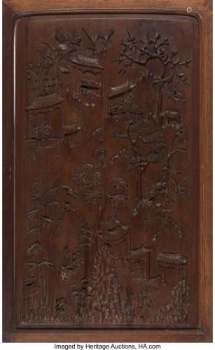 A Chinese Carved Scenic Elmwood Wall Panel 46-1/4 x 28-3/8 x...