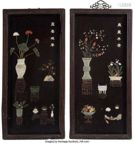 A Pair of Chinese Jade Inlaid Panels 52-1/8 x 24-3/4 inches ...