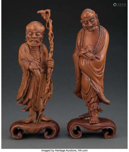 A Pair of Chinese Carved Standing Lohans 9-3/4 x 3-3/4 x 3 i...