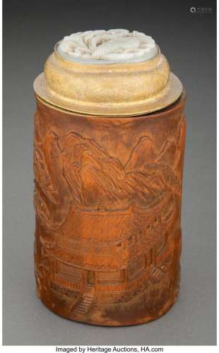 A Chinese Carved Bamboo Brush Pot with Engraved Brass Covere...