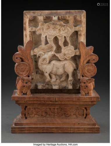 A Chinese Carved White Marble Inkstone Mounted as Tablescree...