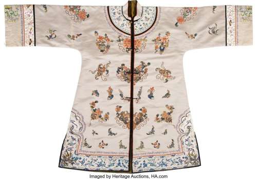 A Chinese Embroidered Silk Cream Ground Robe