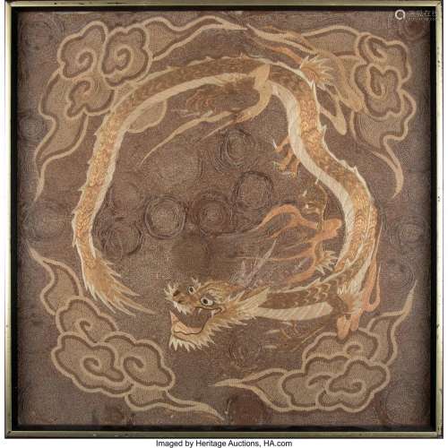 A Chinese Crewel and Hammered Gold Dragon Embroidery 22-1/2 ...