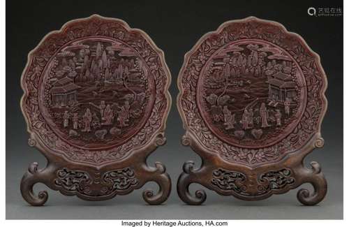 A Pair of Chinese Carved Cinnabar Lacquer Plates on Stands M...