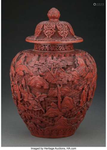 A Chinese Carved Cinnabar Lacquer Covered Jar 12-1/2 x 8-3/4...