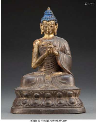 A Chinese Partial Gilt Metal Seated Buddha 7-1/2 x 5-1/4 x 3...