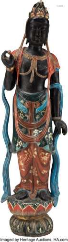 A Chinese Carved Lacquered Wood Figure 32 x 9 x 6-1/4 inches...