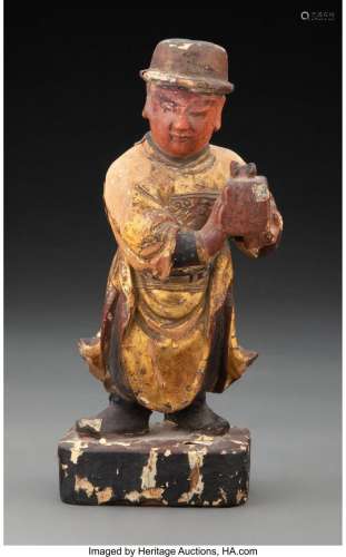 A Chinese Gilt and Polychrome Carved Wood Figure of a Genera...