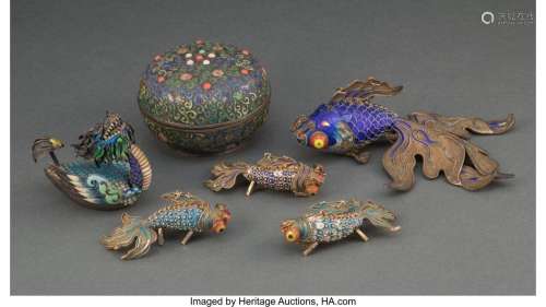 A Group of Six Chinese Cloisonné Enamel Articles Marks to fi...
