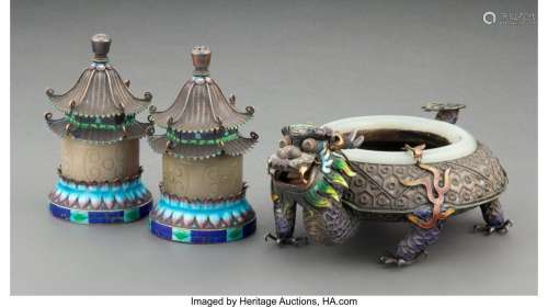 Three Chinese Cloisonné Enamel Silver and Carved Hardstone A...
