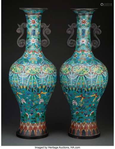A Pair of Chinese Cloisonné Vases Marks: four-character Qian...