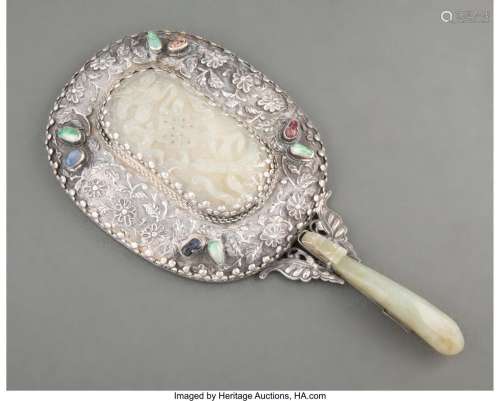 A Chinese Silver Mirror with Carved Hardstone Inlay 9 x 4-3/...