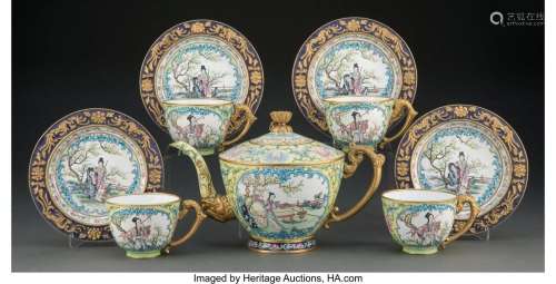 A Nine-Piece Chinese Enamel on Copper Tea Service for Four 6...