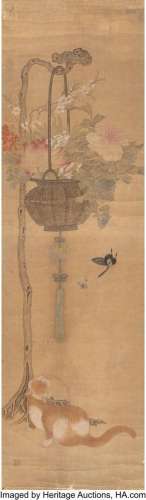 Chinese School (19th Century) Cat and Flower Basket Ink and ...