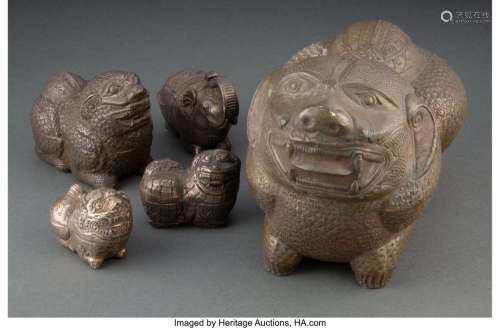 A Group of Five Pewter Animal-Form Betel Boxes Marks: (vario...