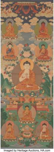A Tibetan Woven Silk Buddha Thangka 56 x 21-3/4 inches (142....