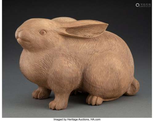 A Japanese Wood Okimono of a Rabbit Marks: three-character a...