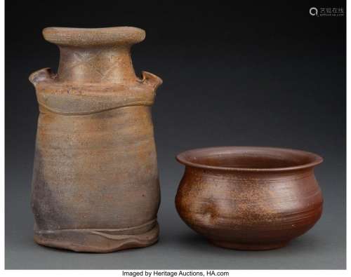 Two Japanese Bizen Pottery Vessels Marks to tallest: artist`...