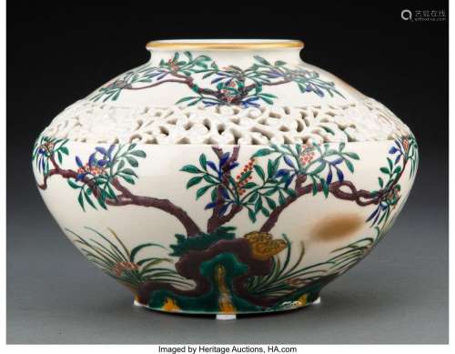 A Japanese Polychromed and Partial Gilt Pierced Ceramic Vase...
