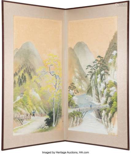 A Japanese Scenic Two-Panel Folding Screen Marks: two charac...