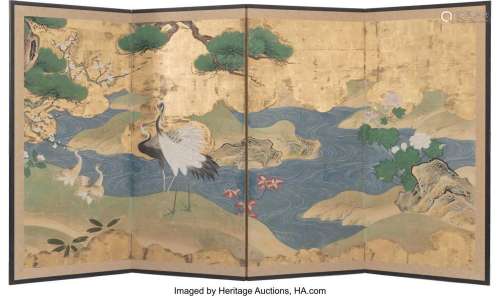 A Japanese Four-Panel Paper Folding Screen 51 x 90 x 0-3/4 i...