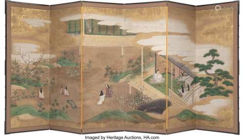 A Japanese Six-panel Tale of Genji Folding Screen