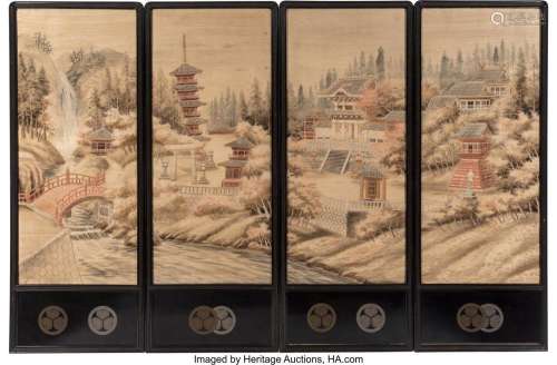 A Japanese Four-Panel Embroidered Silk Room Screen