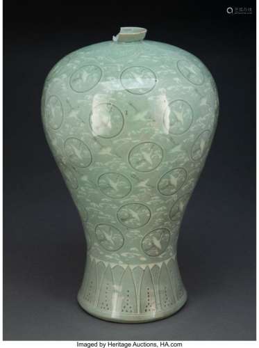 A Korean Celadon Glazed Vase 17 x 10 x 10 inches (43.2 x 25....