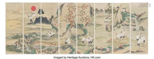 Korean School (20th Century) Red-Crowned Cranes (Eight Panel...